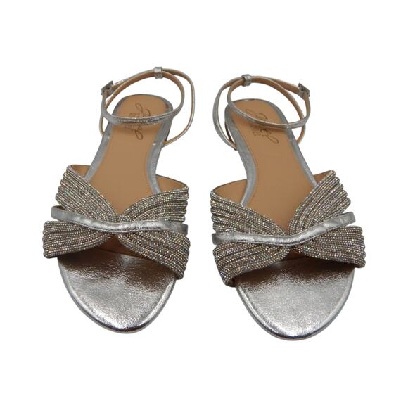Jewel Badgley Mischka Glittery Rhinestone Ankle Strap Flat Sandals Silver Size 6 - Picture 5 of 7